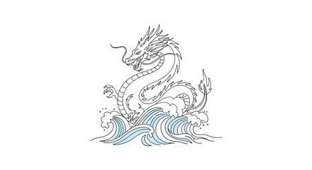Naklejka premium Traditional style illustration of a powerful chinese dragon rising from blue ocean waves on a clean white background.
