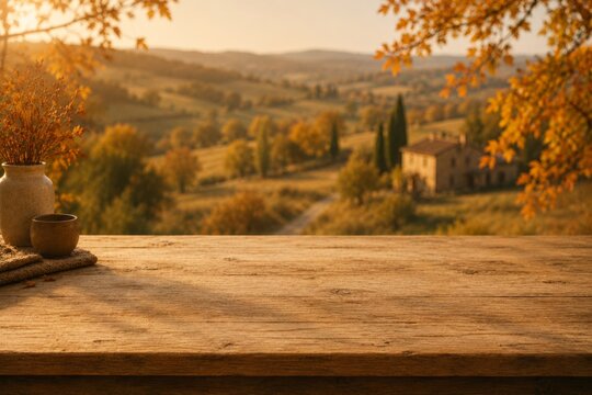 Tuscan landscape autumn wooden table rustic wood mockup copy space italy golden hour tuscany hills ceramic vase scenic view tabletop warm light cypress trees stone house fall nature