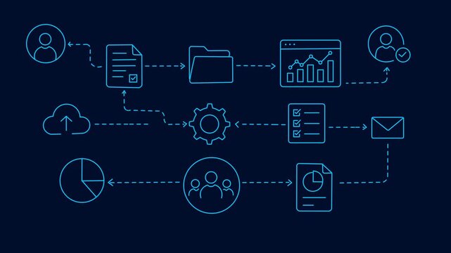 Modern technology Process workflow visualization with interconnected business and data management icons on a dark blue background. User profiles, cloud , documents, analytics folders, automation gear