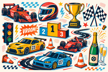 Naklejka premium Vibrant racing elements including cars, trophy, and checkered flags create a dynamic scene