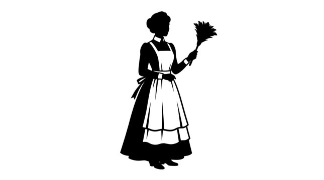 Black silhouette of a vintage maid holding a duster to clean house in a traditional long dress and apron