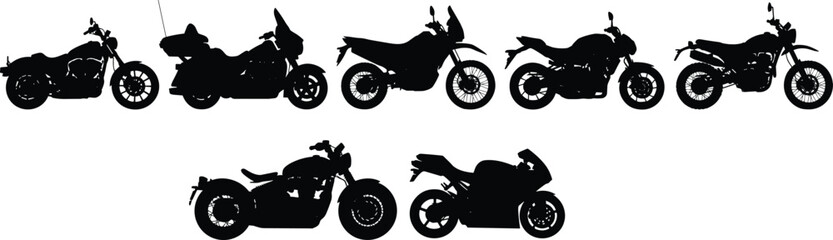 Motorcycle silhouette set featuring cruiser sportbike adventure touring and chopper types for custom garage and road trip design concepts © MSTALIFNUR