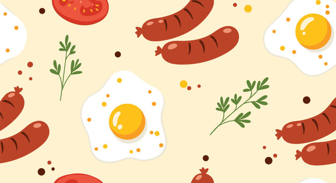 Appetizing seamless pattern of breakfast items including fried eggs, sausages, tomato slices, and fresh herbs.