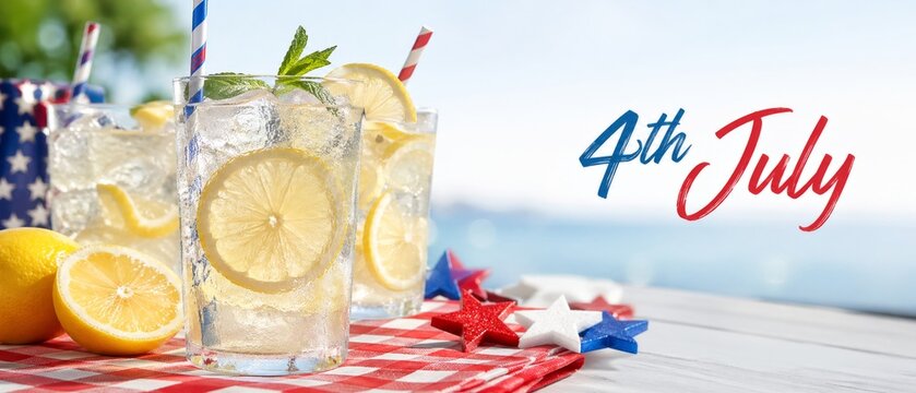4th July patriotic lemonade banner with iced citrus drinks, lemons, USA colored stars, red gingham cloth copy space, background for American independence anniversary 250 promotion summer advertising