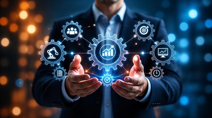 Fototapeta premium Businessman holds a virtual gear depicting business process automation, optimization, and new technologies.