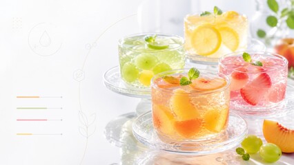 Colorful fruit-infused sparkling drinks arranged on glassware, background © dvoevnore