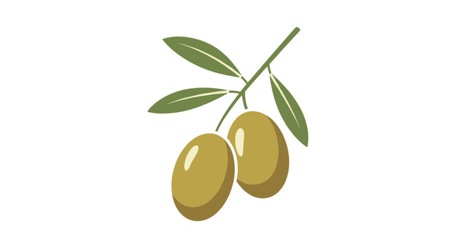 Simple illustration of a green olive branch with two ripe olives and several leaves against a plain white background.