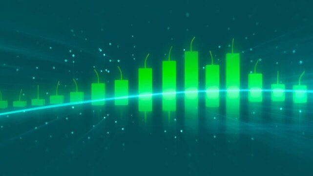 Abstract financial trading chart with glowing green candlesticks and digital data visualization.