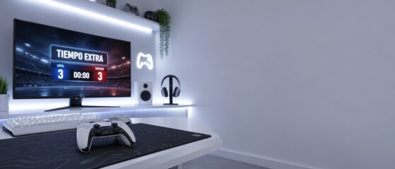 Modern gaming setup with video game on screen in illuminated room © dvoevnore