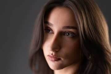 Fototapeta premium Female model with long brown hair posing for a beauty and fashion portrait
