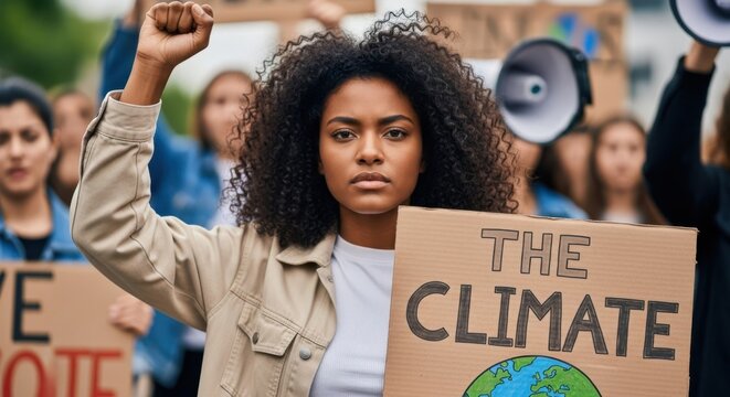 Young woman holding a climate change protest sign with fist raised