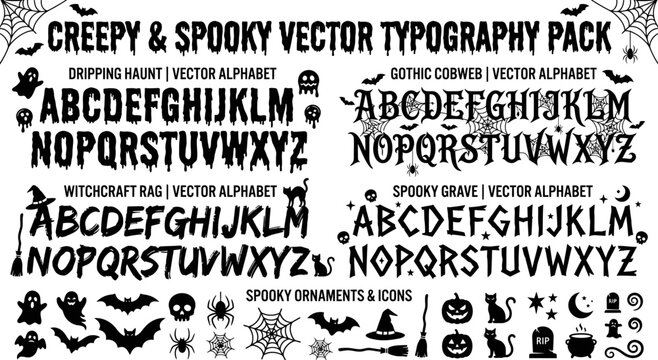 Creepy and spooky vector typography pack with Halloween themed fonts and icons