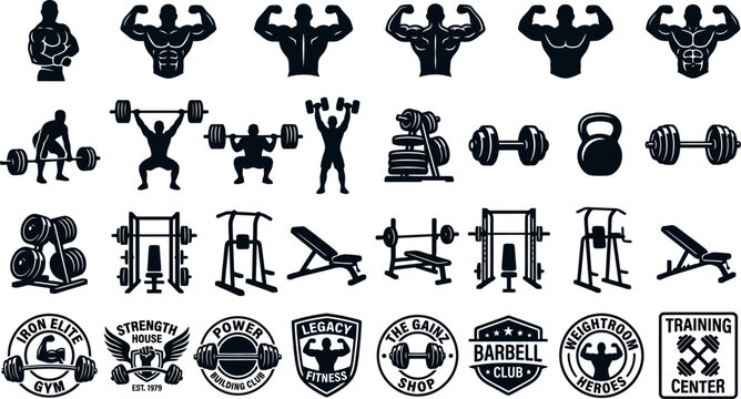 Black silhouettes of gym icons and logos with workout equipment and bodybuilders