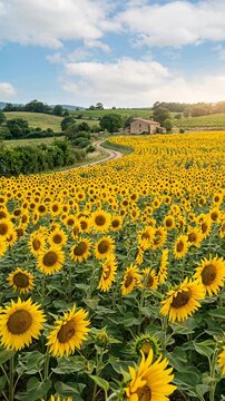 Blooming sunflower field stretching across the countryside under a blue sky. Summer agriculture, travel destination and natural beauty concept.