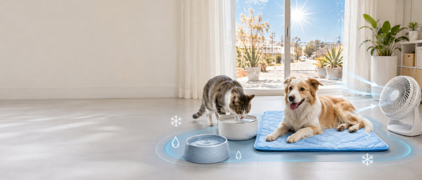 Cat and dog cooling indoors during heatwave on hot summer day with fan, background