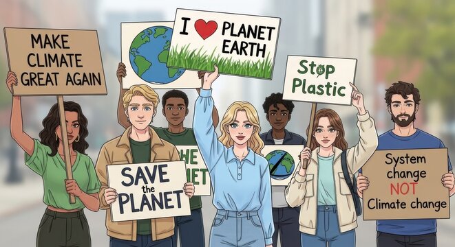 Diverse group of young people protesting for climate action and environmental protection