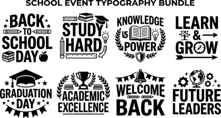 School event typography bundle with motivational quotes and icons for education and learning materials © Badhon