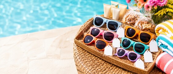 Summer pool party essentials, sunglasses and towels by poolside, perfect for background © dvoevnore
