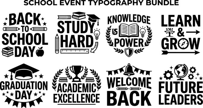 School event typography bundle with motivational quotes and icons for education and learning materials