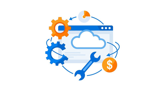 Cloud Computing and Web Development Process Concept Illustration with Gears, Wrench, and Financial Icons for SaaS and Business Automation Workflow