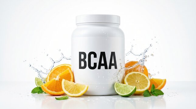 BCAA supplement container with fresh citrus fruits and water splash. Sports nutrition, muscle recovery, fitness performance and workout supplementation concept