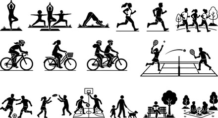 Black silhouettes of people engaging in various sports and leisure activities on white background © Badhon