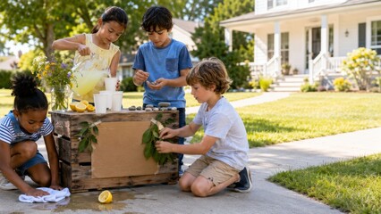 Children play gadget free during summer outdoors, enjoying activities and lemonade © dvoevnore