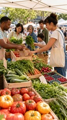 Farmers market with diverse group selecting fresh produce, farmcore lifestyle theme © dvoevnore
