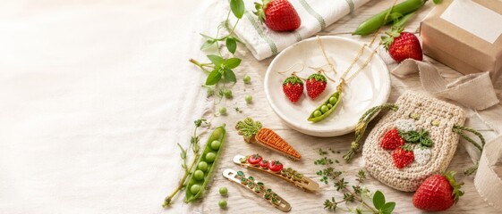 Strawberry and pea-themed accessories on natural fabric background © dvoevnore