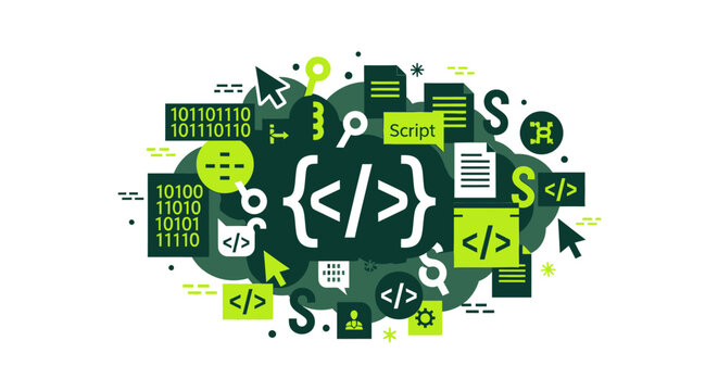 Abstract Software Development and Coding Concept Illustration with Programming Icons, Binary Code and Web Design Elements