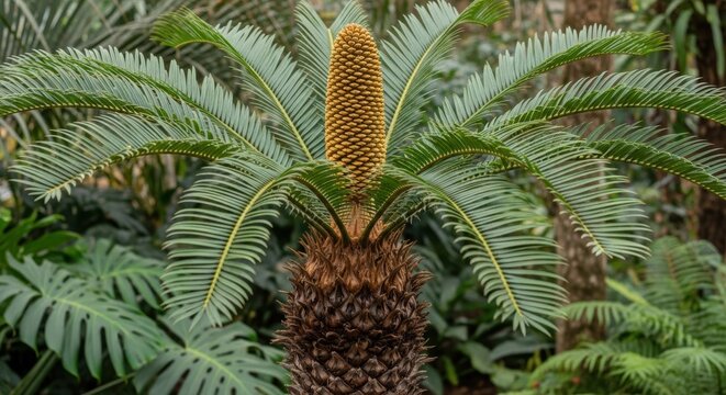 Cycas Revoluta Sago Palm with Vibrant Yellow Seed Cone in Tropical Botanical Garden Specimen