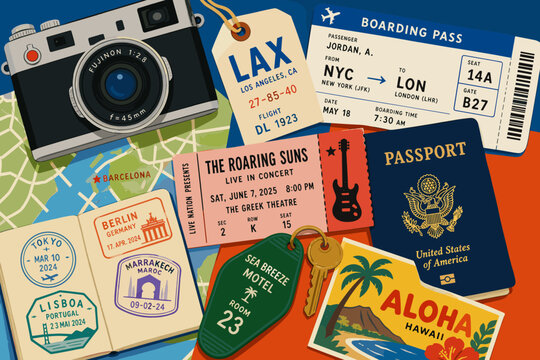 Travel essentials laid out for an exciting adventure, including passport and tickets