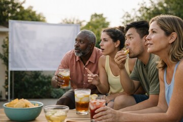 Sports fans watching a game outdoors with snacks and drinks, multicultural group © dvoevnore