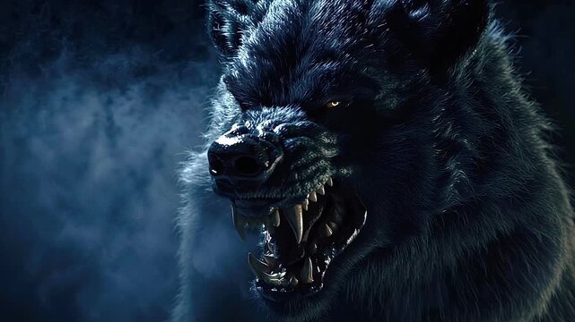 Fearsome werewolf showing its sharp fangs while growling and attacking in a dark, foggy night. Horrific lycanthrope creature with glowing eyes, ready to strike during the full moon