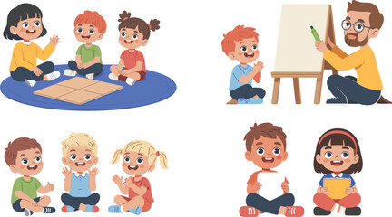 Fototapeta premium Kindergarten Classroom Learning and Activities Vector Set Featuring Teacher Writing on Easel Kids Sitting on Rug and Children Studying for Primary School Education Designs