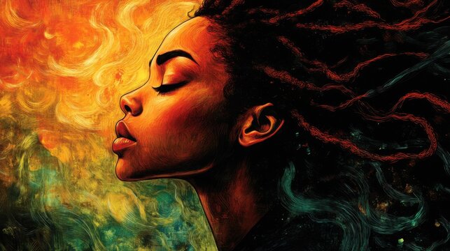Vibrant female portrait inspired by Jamaican culture and reggae music. Jamaica Independence Day celebration, Caribbean heritage, freedom, rhythm, identity and artistic expression concept