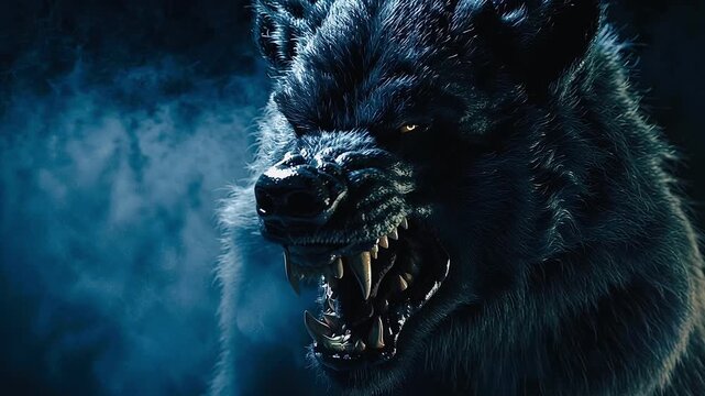Terrifying werewolf monster roaring and attacking in a foggy, dark forest at night, with glowing eyes, sharp claws, and bared fangs creating a menacing and horrific mythical scene