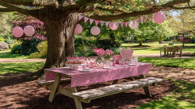 Spring Summer outdoor leisure relaxation activity. A vibrant outdoor scene depicts a picnic setting. A wooden picnic table is set with a red and white checkered tablecloth.