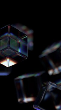 Abstract glass cubes on a black background, vertical 4k seamless loop 3d animation