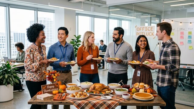 Diverse corporate colleagues enjoying a Thanksgiving office potluck party together around a food table