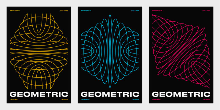 Abstract Vector Poster Set with Linear Geometric Shapes. Futuristic Background Set with Abstract Thin Lines Graphic for Poster, Banner, Website, Cover.