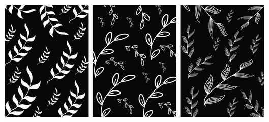 Fototapeta premium Elegant Monochrome Botanical Seamless Pattern Collection, White Leaf Illustrations on Black Background Pattern Set, Modern Floral Line Art Nature Inspired Design Bundle