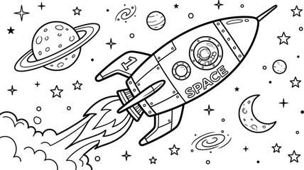 Space rocket with astronaut and planets black and white illustration © MST