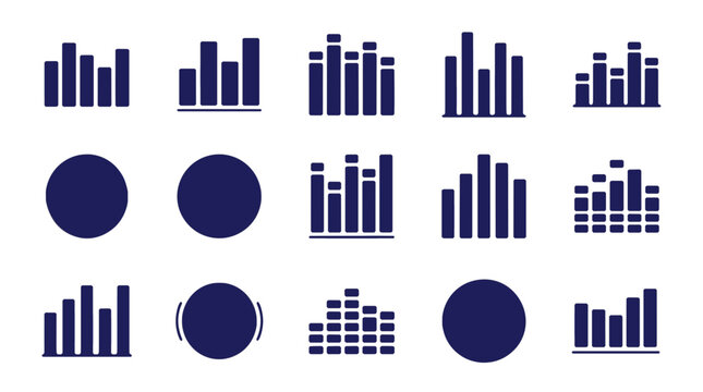 Modern collection of abstract business icons featuring circular designs and dynamic bar graphs for data visualization and analytics