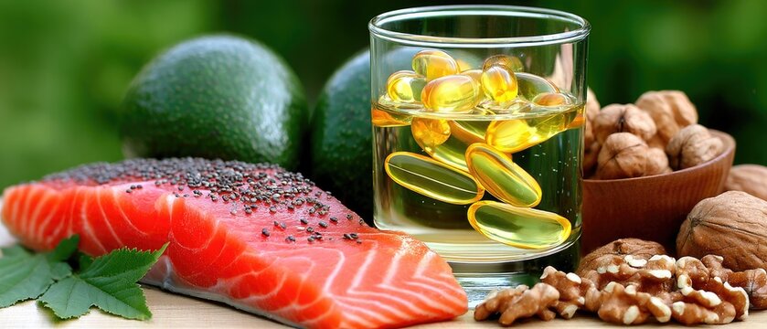 Collection of healthy fats featuring avocados, salmon, walnuts, and omega 3 capsules arranged on a wooden surface