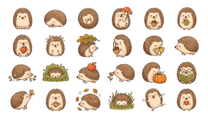 Collection of cute cartoon hedgehogs in various autumn poses and activities, perfect for seasonal designs. © Pink