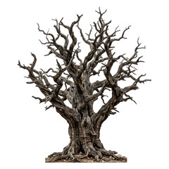 Fototapeta premium Ancient weathered gnarled tree with bare branches isolated on a white background showcasing its intricate twisted form and rugged texture symbolizing age and resilience.