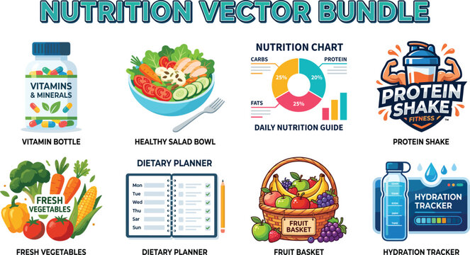 Nutrition vector bundle featuring vitamin bottle healthy salad bowl nutrition chart protein shake and hydration tracker elements in image_ae20cf.jpg