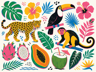 Obraz premium Vibrant tropical jungle scene with exotic animals and fruits in a playful style
