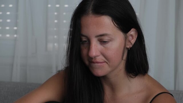 Social anxiety and emotional suppression concept with woman biting lips in close up, nervous discomfort and hidden emotions behavior